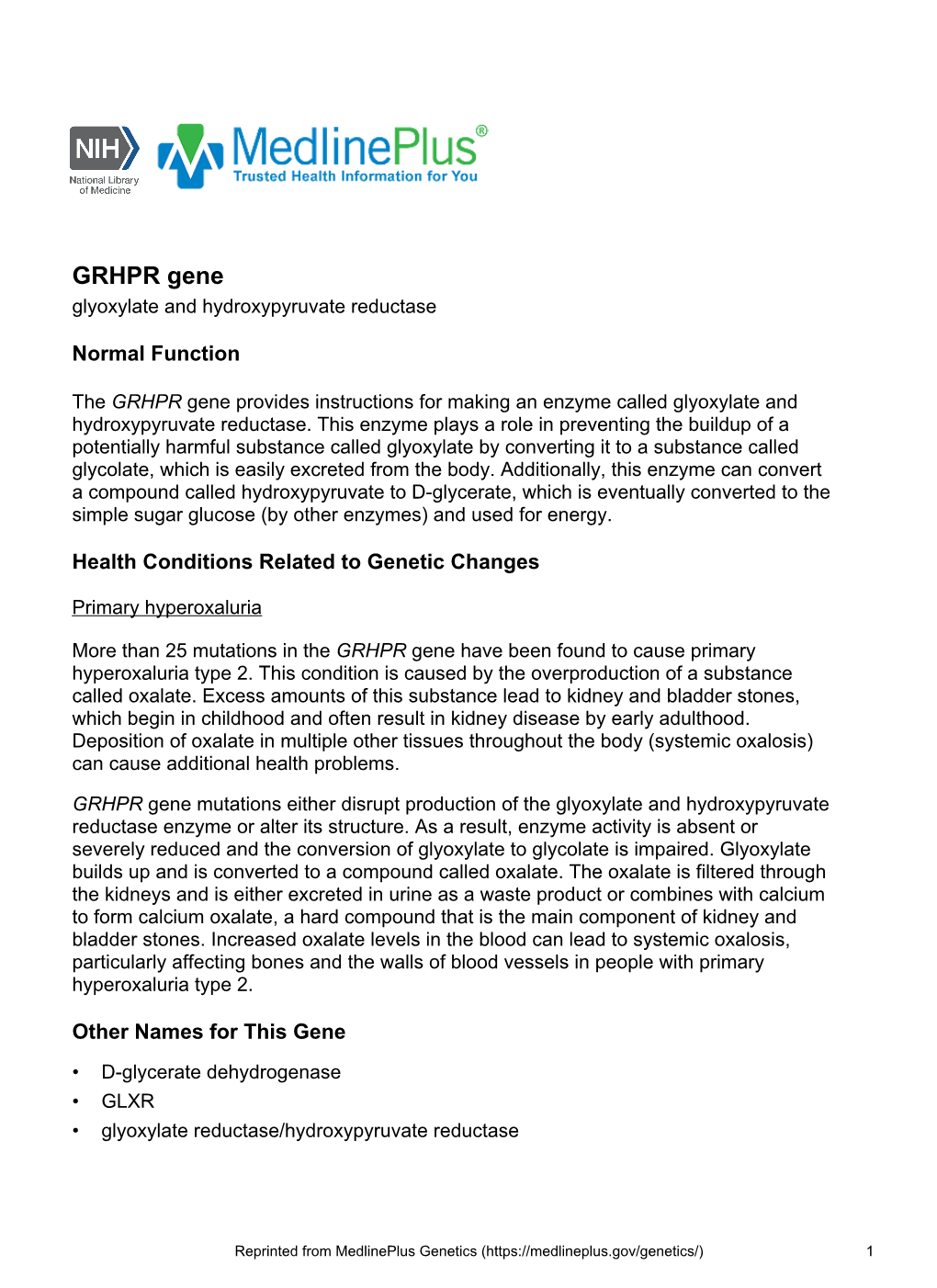 GRHPR Gene Glyoxylate and Hydroxypyruvate Reductase