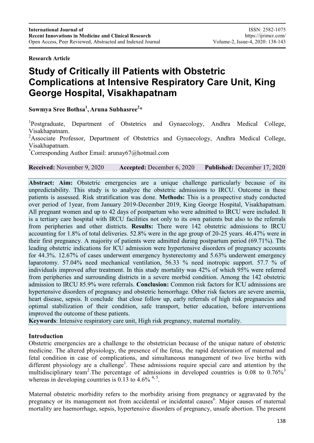Study of Critically Ill Patients with Obstetric Complications at Intensive Respiratory Care Unit, King George Hospital, Visakhapatnam