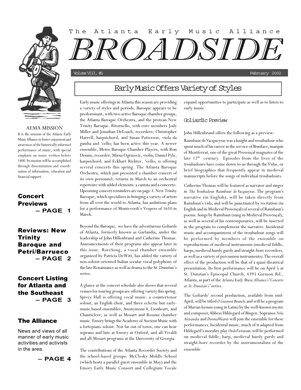 BROADSIDE Volume VIII, #5 February 2002 Early Music Offers Variety of Styles