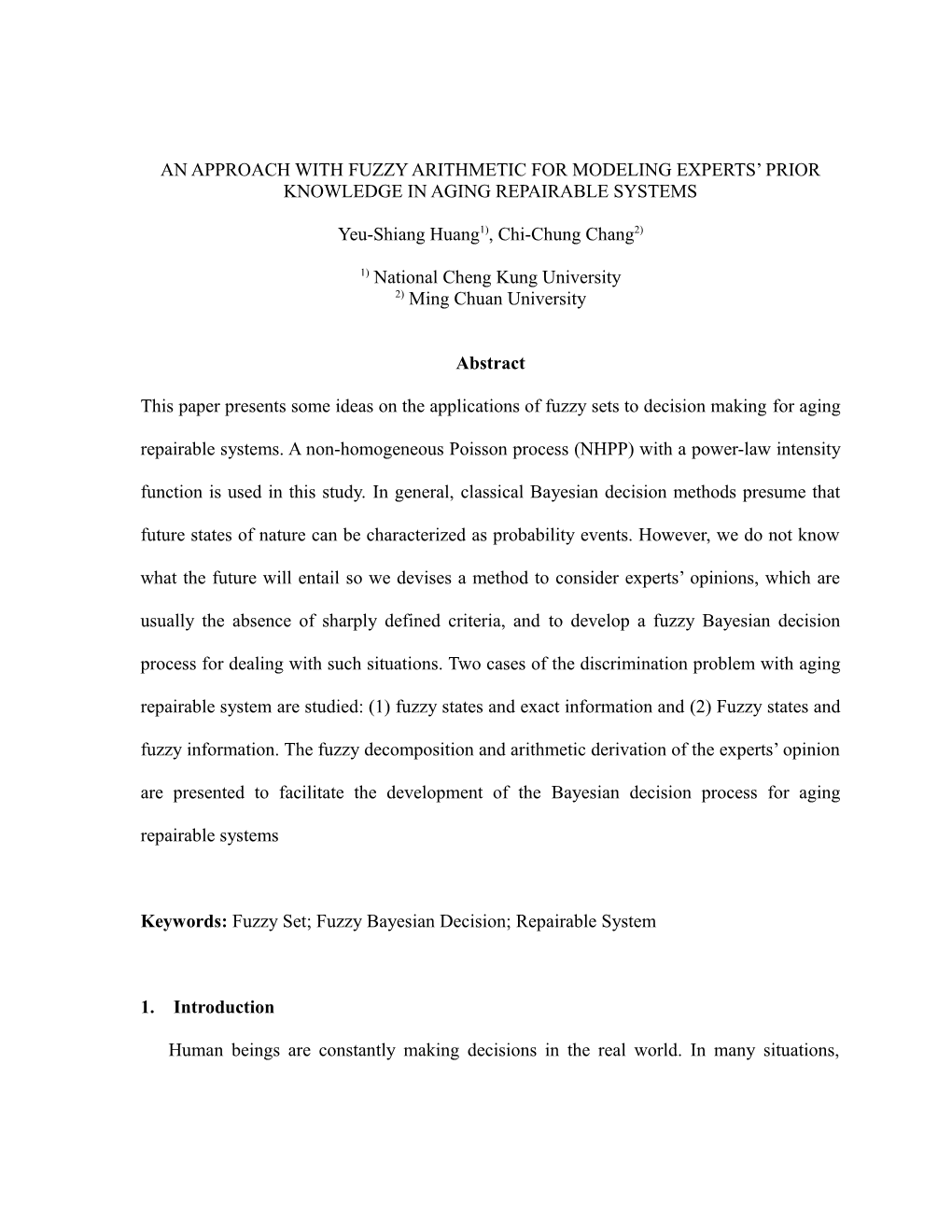 An Approach with Fuzzy Arithmetic for Modeling Experts Prior Knowledge in Aging Repairable