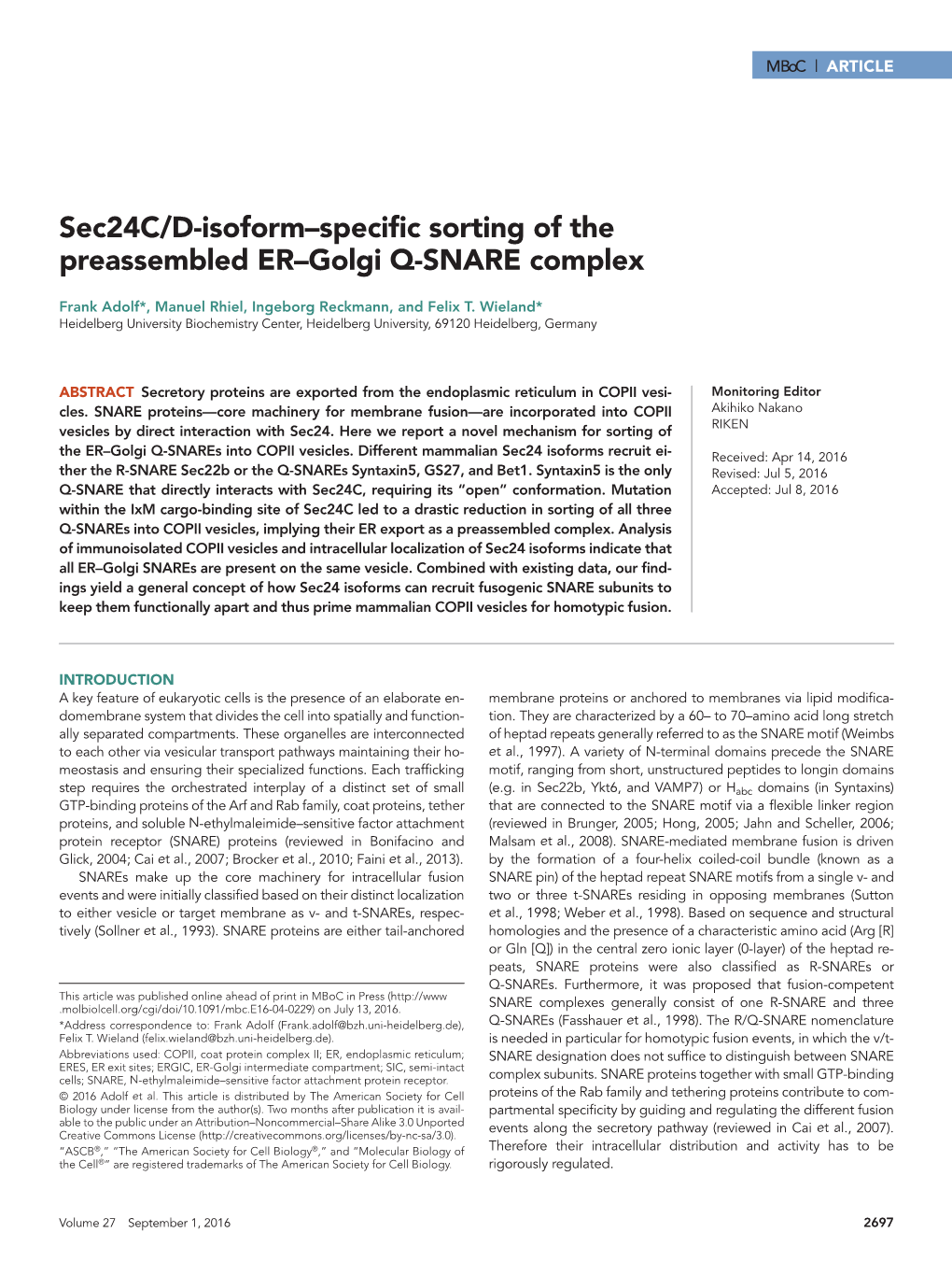 Sec24c/D-Isoform–Specific Sorting of the Preassembled ER–Golgi Q-SNARE Complex