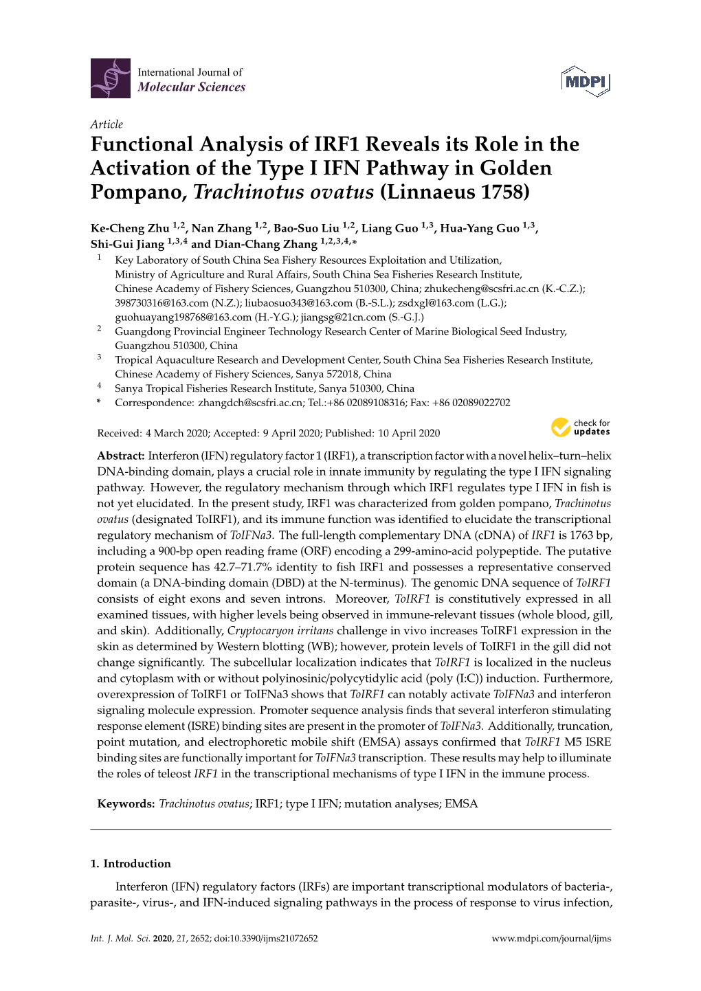 Functional Analysis of IRF1 Reveals Its Role in the Activation of the Type I IFN Pathway in Golden Pompano, Trachinotus Ovatus (Linnaeus 1758)