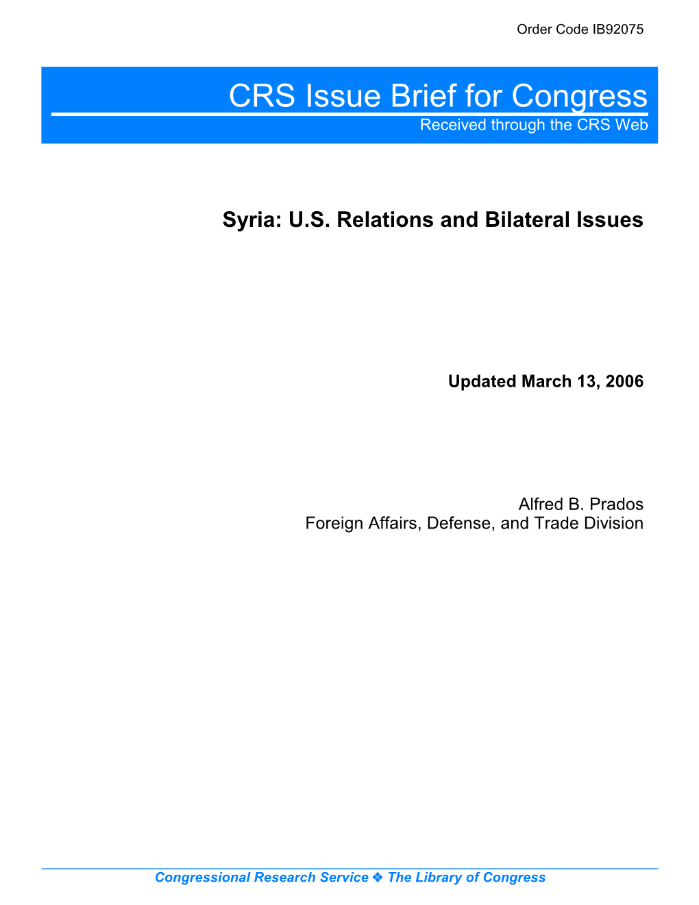 Syria: U.S. Relations and Bilateral Issues
