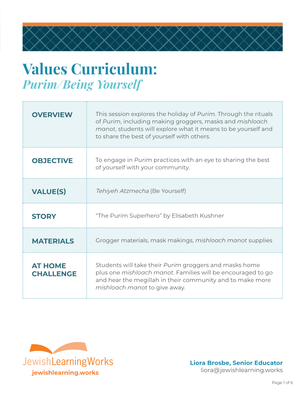 Values Curriculum: Purim/Being Yourself