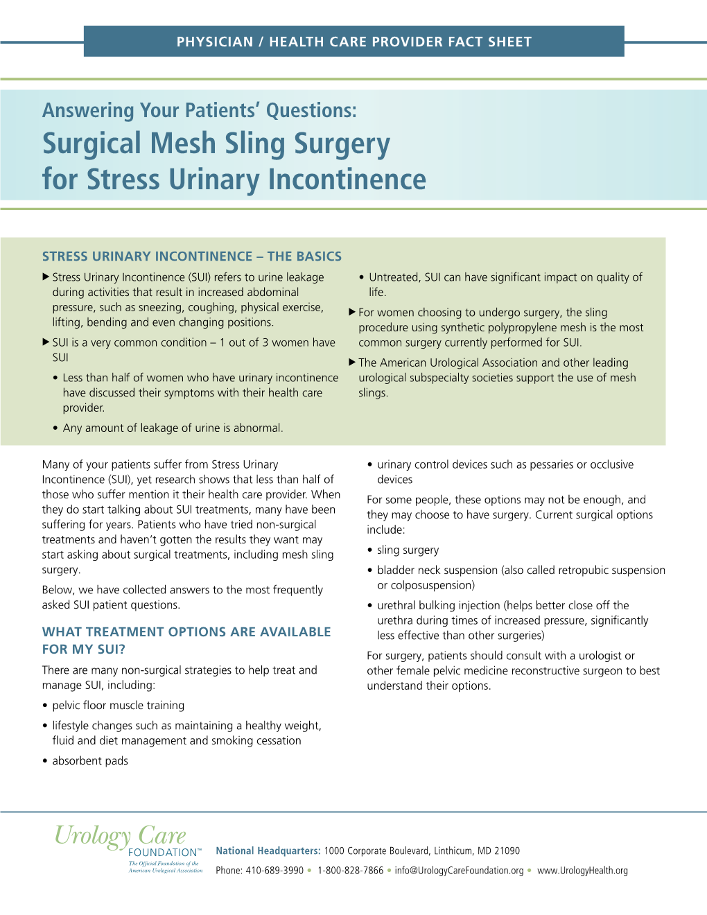 Surgical Mesh Sling Surgery for Stress Urinary Incontinence