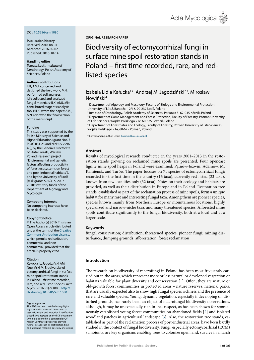 Biodiversity of Ectomycorrhizal Fungi in Surface Mine