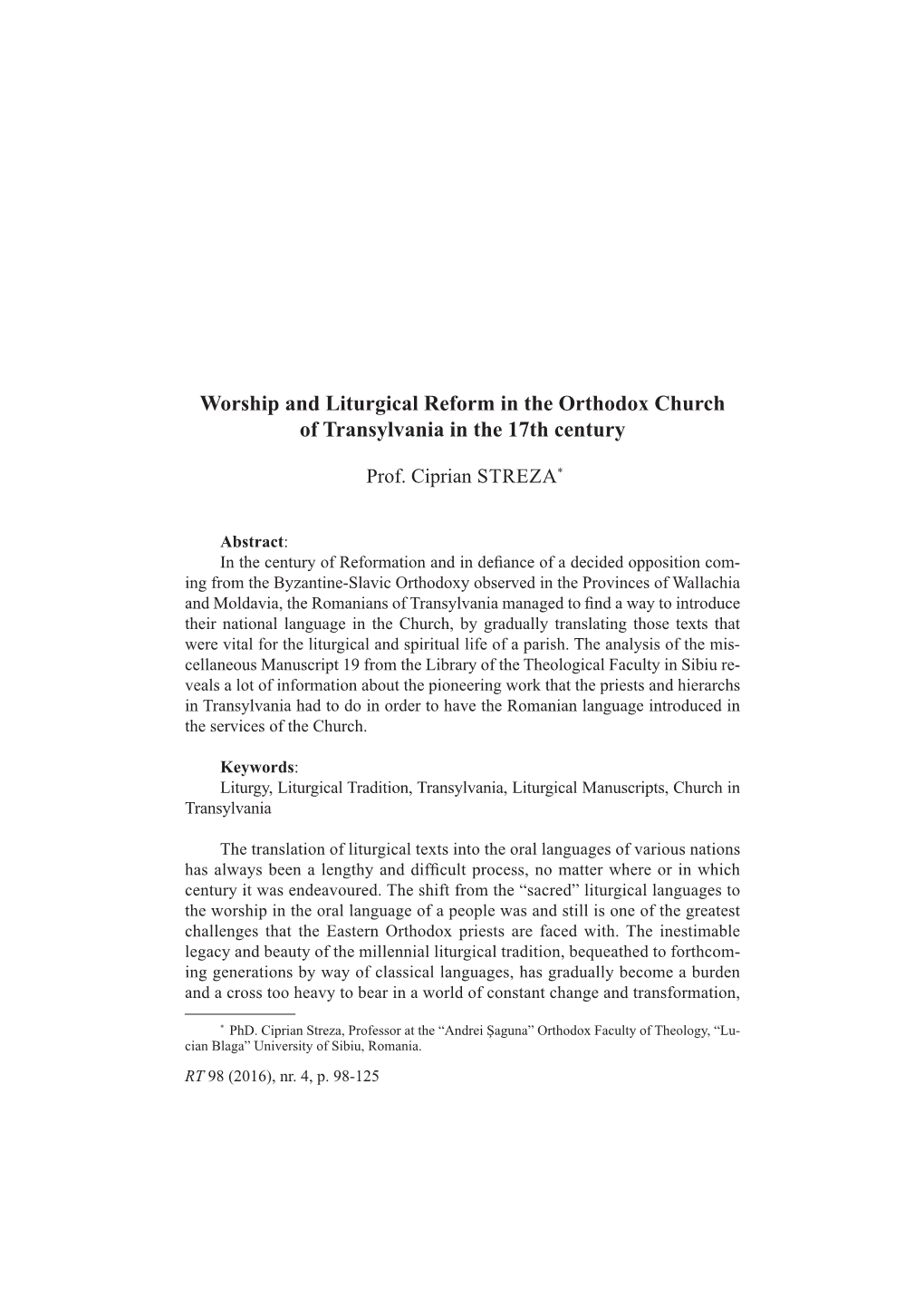 Worship and Liturgical Reform in the Orthodox Church of Transylvania in the 17Th Century