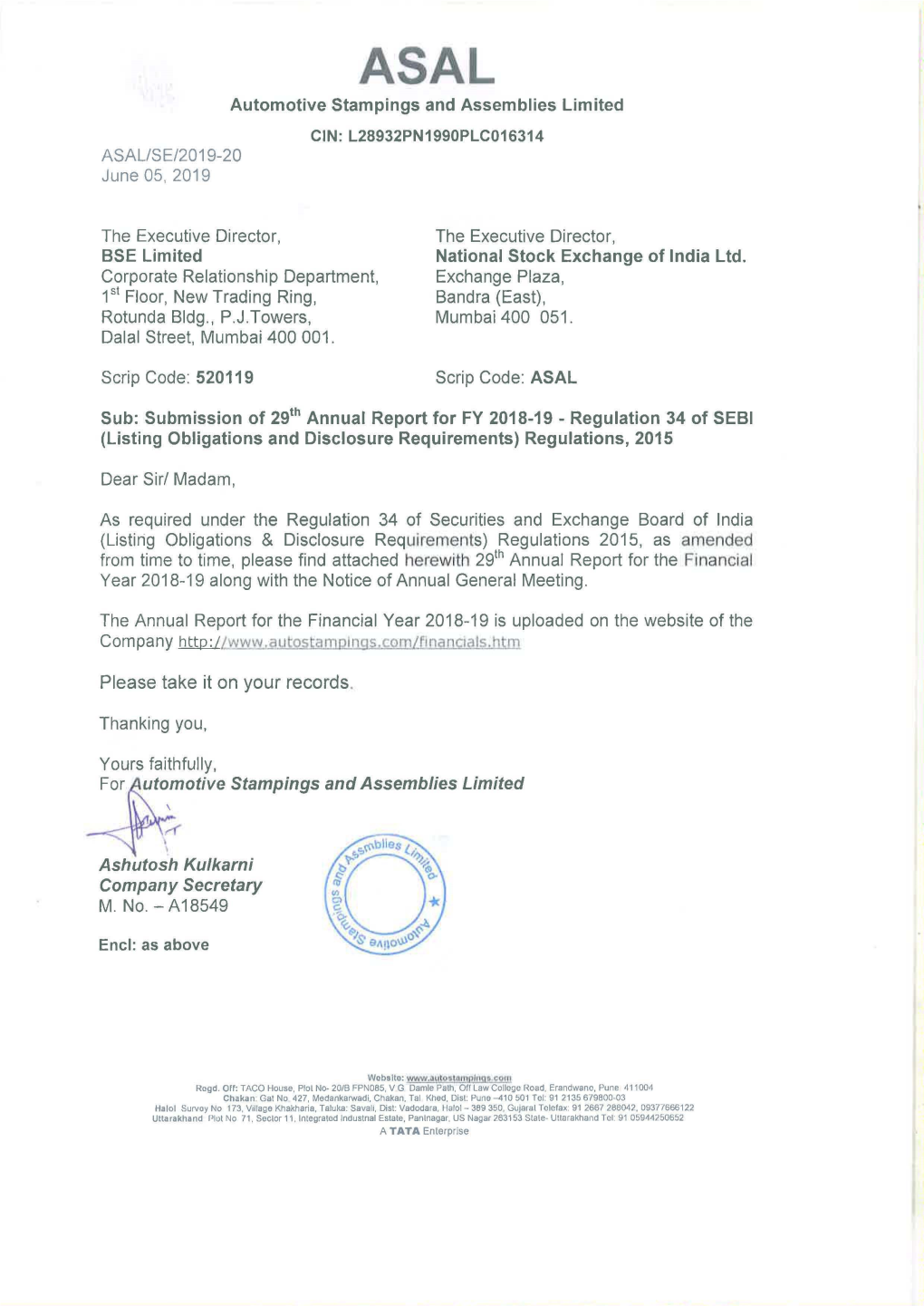 ASAL Automotive Stampings and Assemblies Limited CIN: L28932PN1990PLC016314 ASAL/SE/2019-20 June 05, 2019