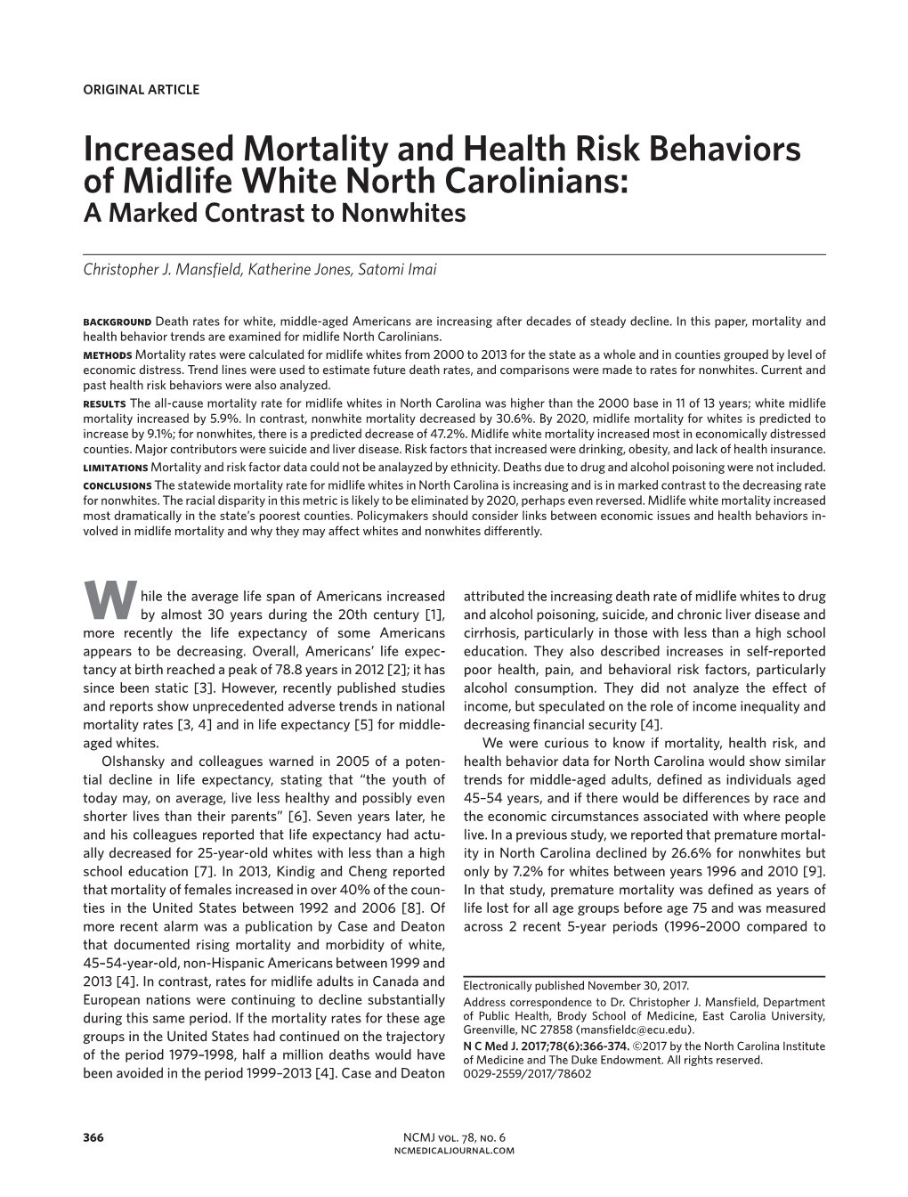 Increased Mortality and Health Risk Behaviors of Midlife White North Carolinians: a Marked Contrast to Nonwhites