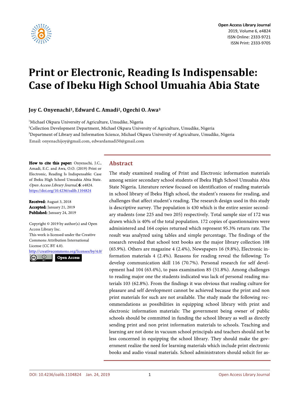 Print Or Electronic, Reading Is Indispensable: Case of Ibeku High School Umuahia Abia State