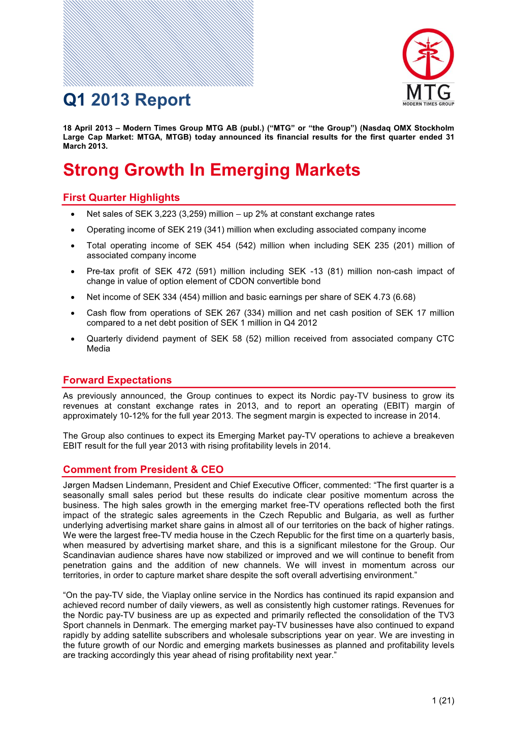 Q1 2013 Report Strong Growth in Emerging Markets