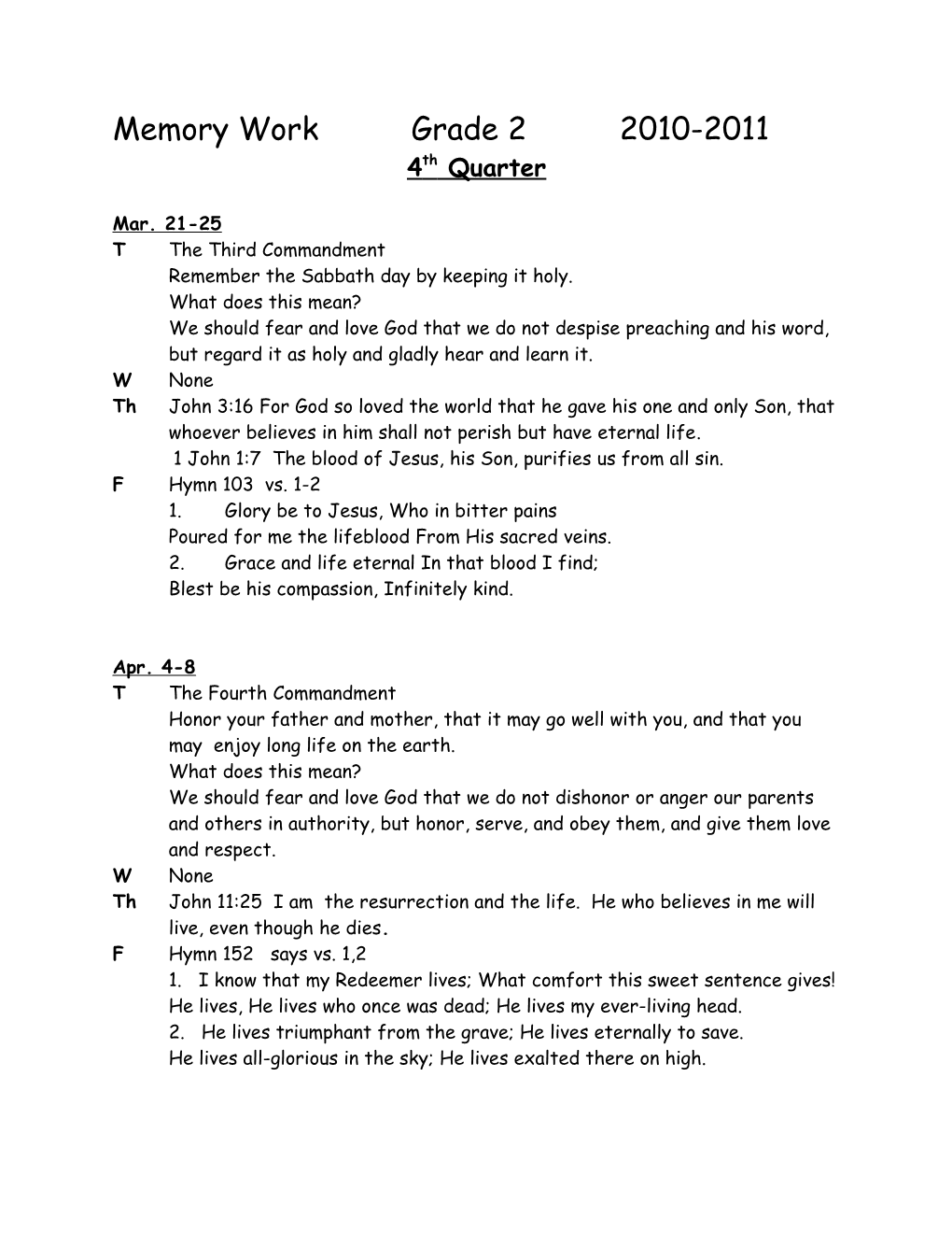 Memory Work Grades 3-4 SEPTEMBER 1999-2000