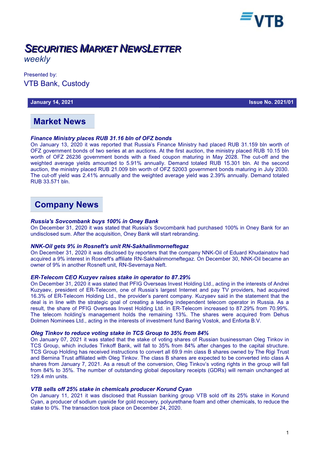 Market News Company News SECURITIES MARKET NEWS LETTER Weekly