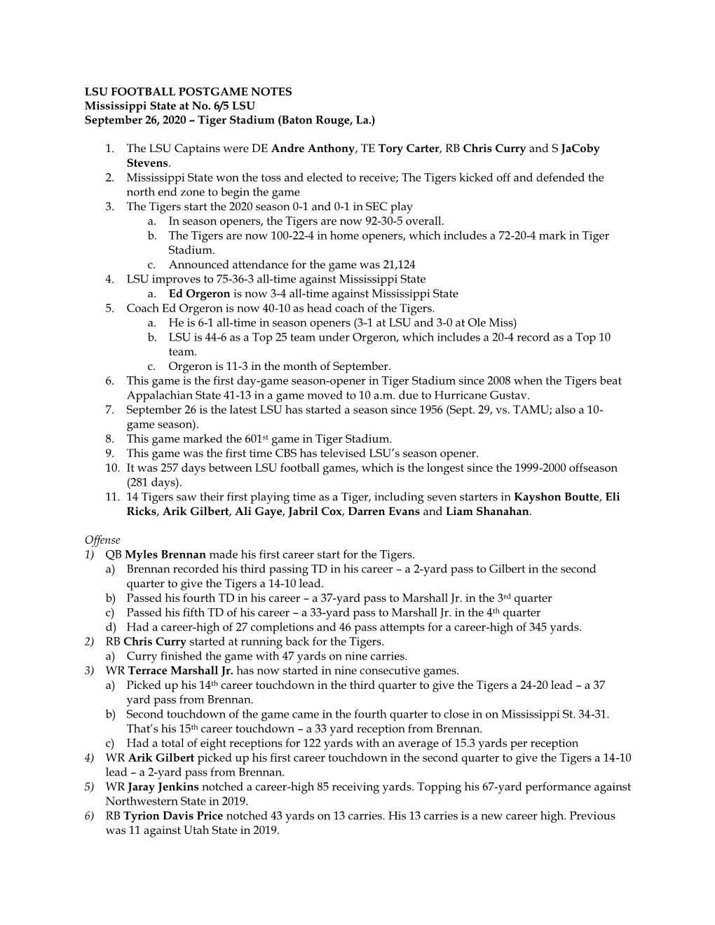 LSU FOOTBALL POSTGAME NOTES Mississippi State at No. 6/5 LSU September 26, 2020 – Tiger Stadium (Baton Rouge, La.)