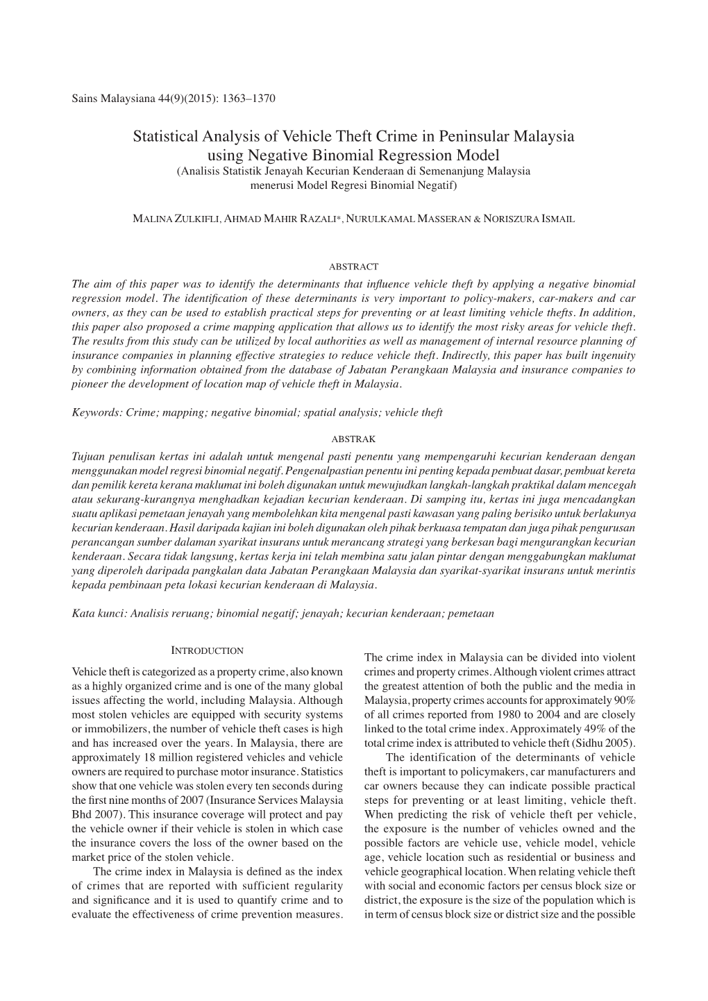 Statistical Analysis of Vehicle Theft Crime in Peninsular Malaysia Using