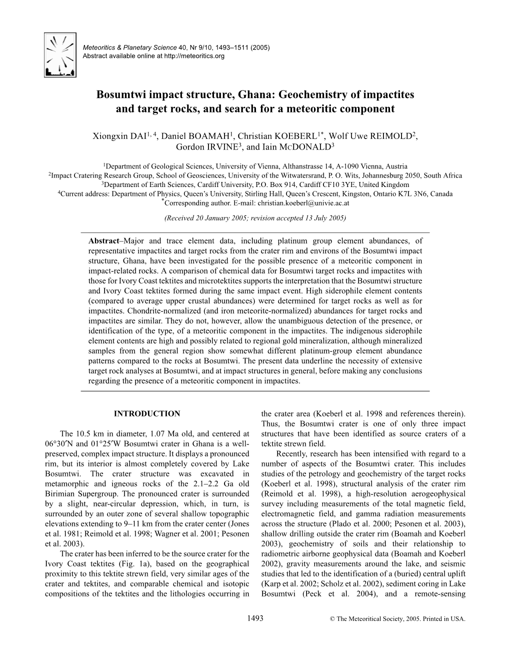 Bosumtwi Impact Structure, Ghana: Geochemistry of Impactites and Target Rocks, and Search for a Meteoritic Component