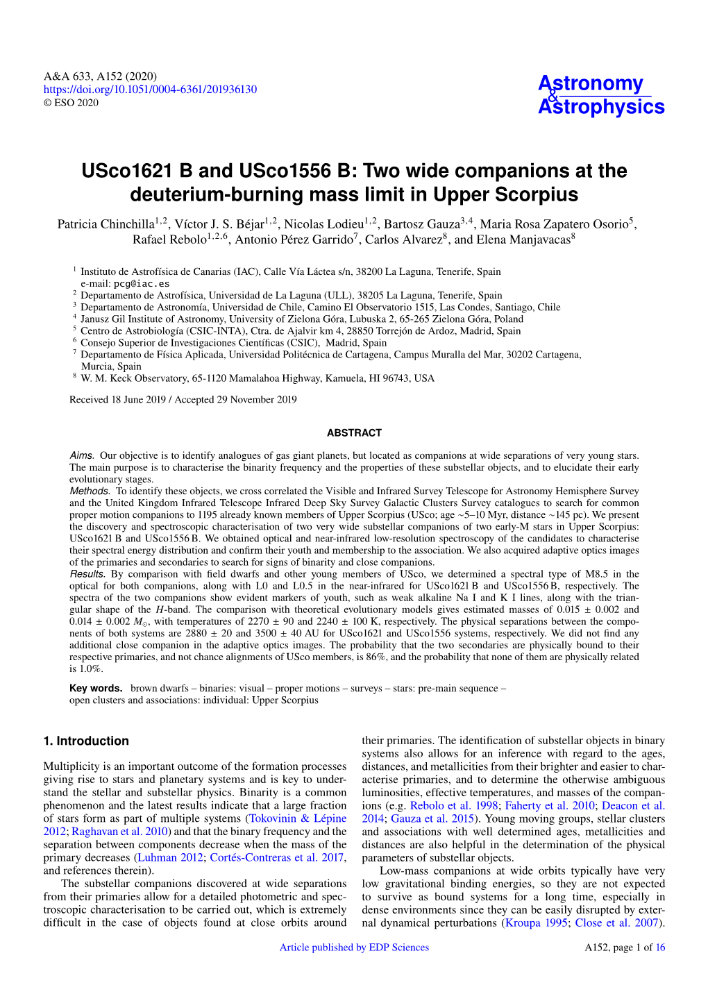 Usco1621 B and Usco1556 B: Two Wide Companions at the Deuterium-Burning Mass Limit in Upper Scorpius Patricia Chinchilla1,2, Víctor J