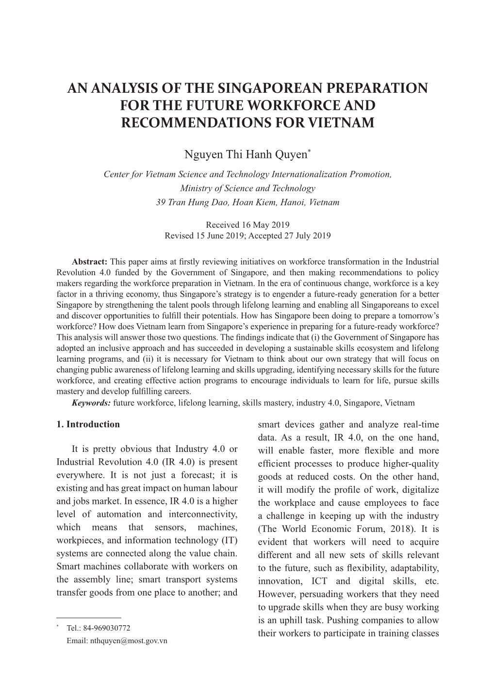 An Analysis of the Singaporean Preparation for the Future Workforce and Recommendations for Vietnam