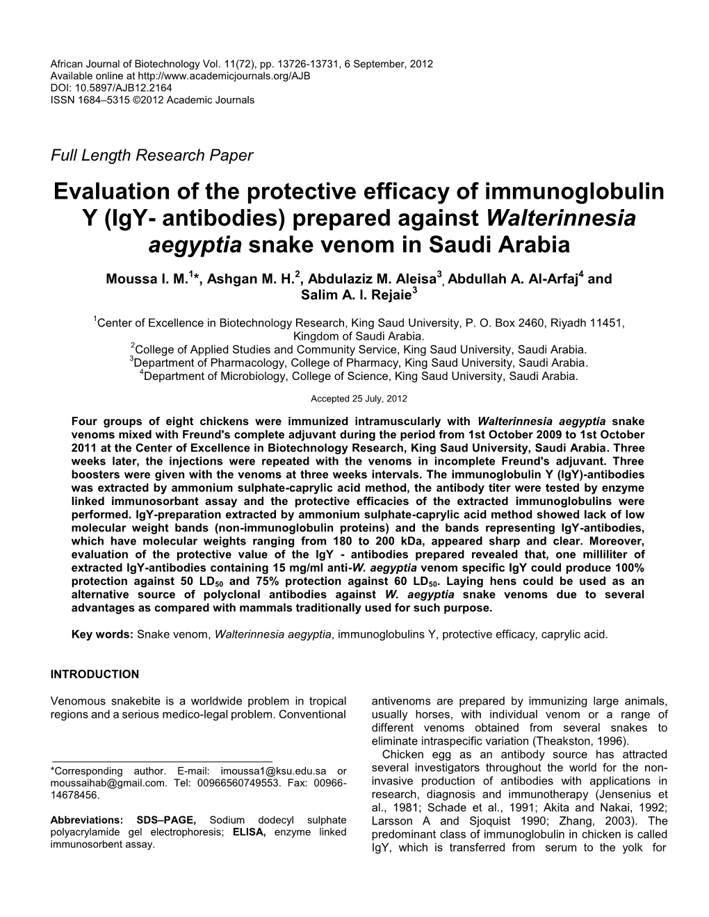 Evaluation of the Protective Efficacy of Immunoglobulin Y (Igy- Antibodies) Prepared Against Walterinnesia Aegyptia Snake Venom in Saudi Arabia