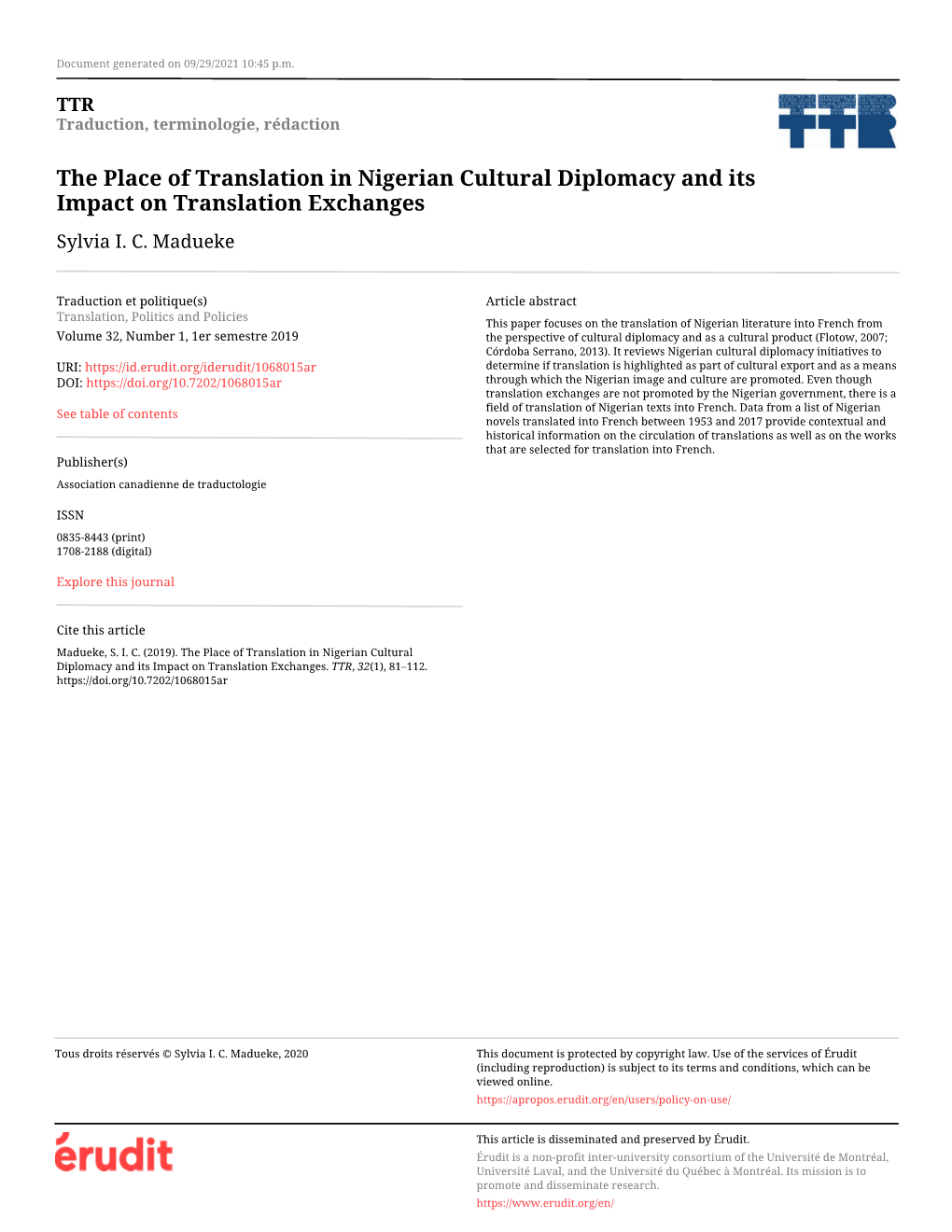 The Place of Translation in Nigerian Cultural Diplomacy and Its Impact on Translation Exchanges Sylvia I