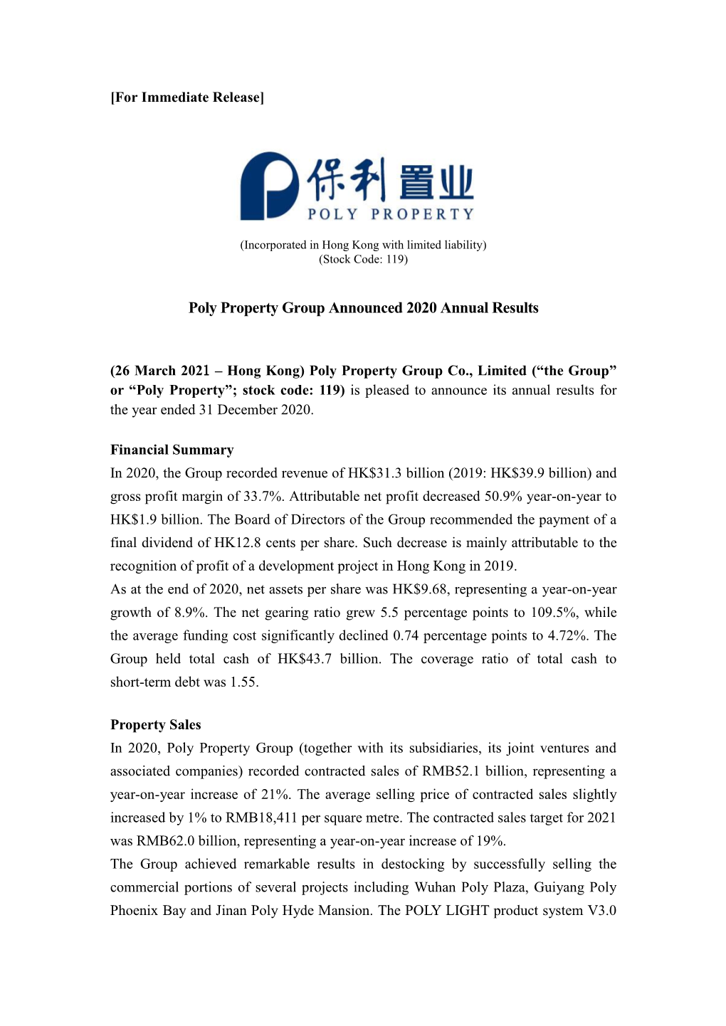 Poly Property Group Announced 2020 Annual Results