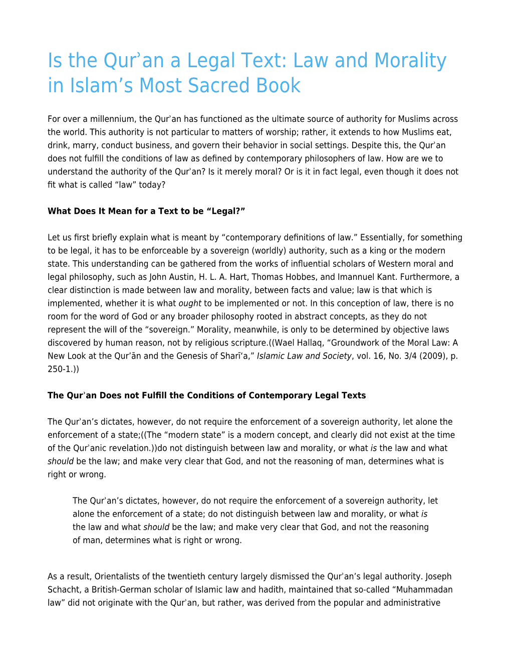 Is the Qurʾan a Legal Text: Law and Morality in Islam's Most Sacred Book