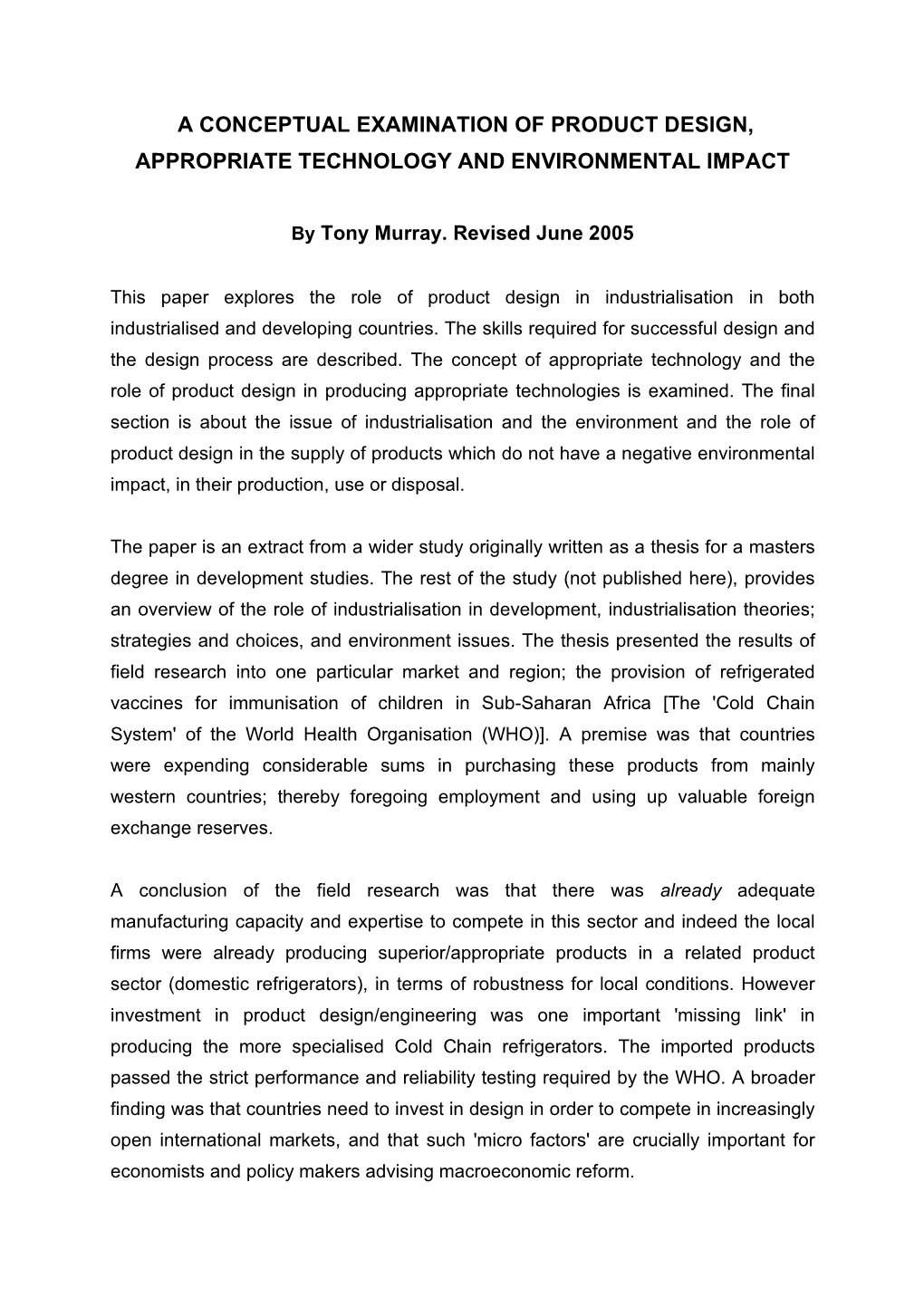 A Conceptual Examination of Product Design, Appropriate Technology and Environmental Impact