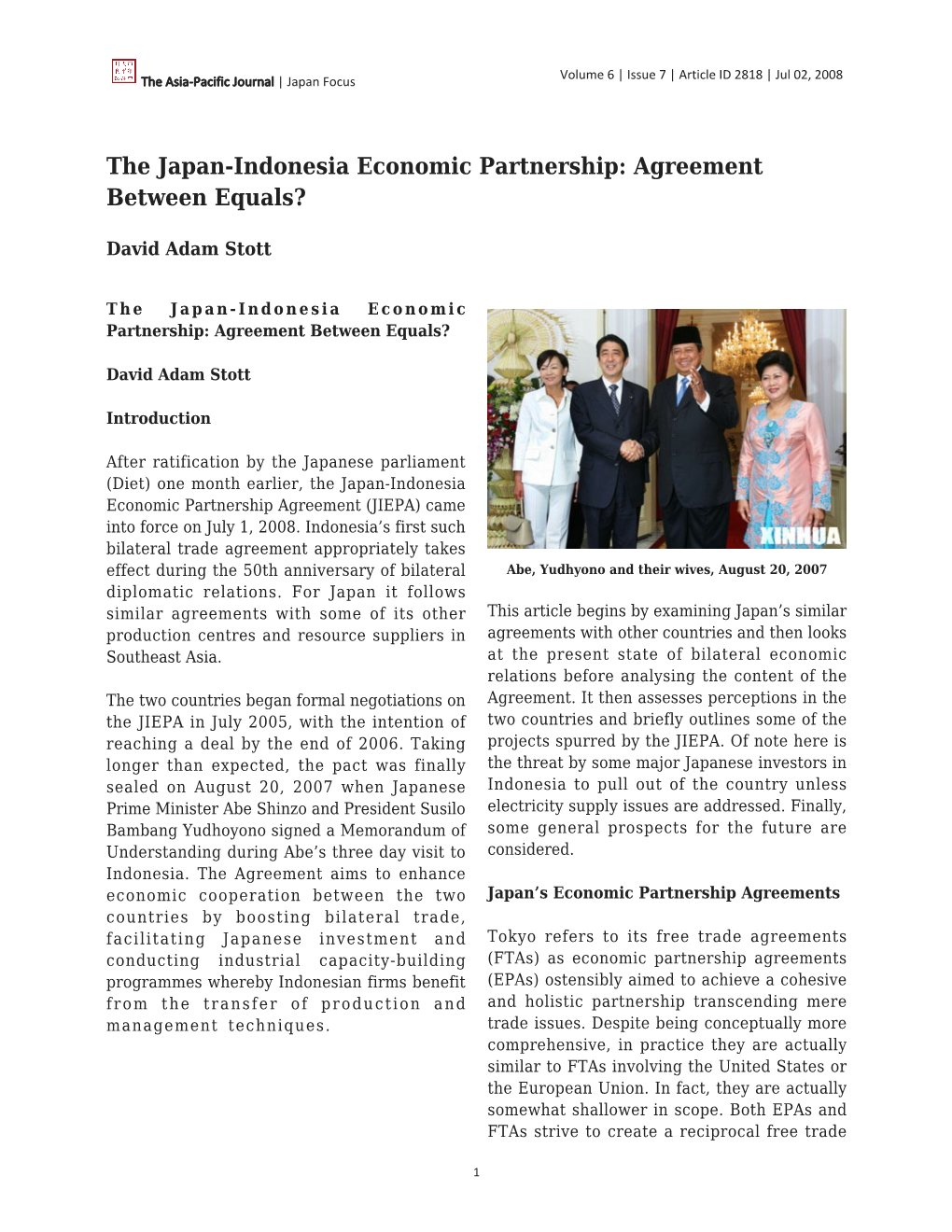 The Japan-Indonesia Economic Partnership: Agreement Between Equals?