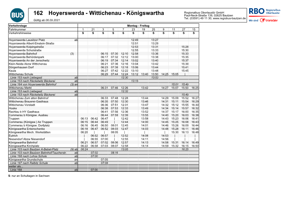 162 Hoyerswerda - Wittichenau - Königswartha Paul-Neck-Straße 139, 02625 Bautzen Tel