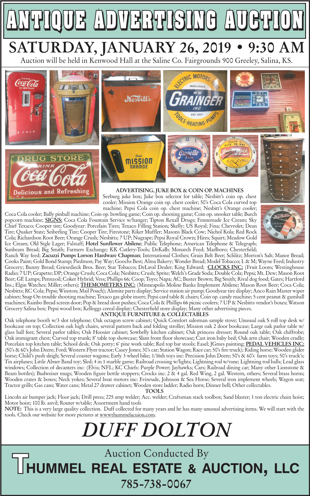 ANTIQUE ADVERTISING AUCTION SATURDAY, JANUARY 26, 2019 • 9:30 AM Auction Will Be Held in Kenwood Hall at the Saline Co