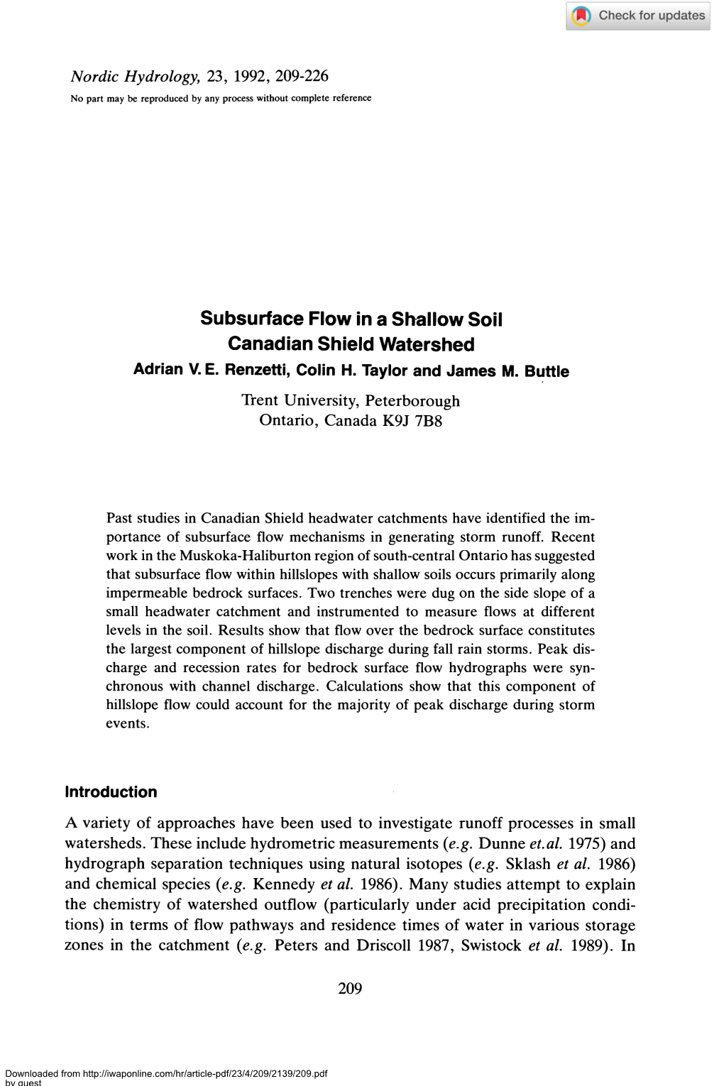 Subsurface Flow in a Shallow Soil Canadian Shield Watershed Adrian V