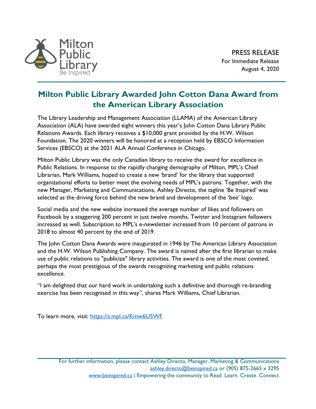 Milton Public Library Awarded John Cotton Dana Award from The