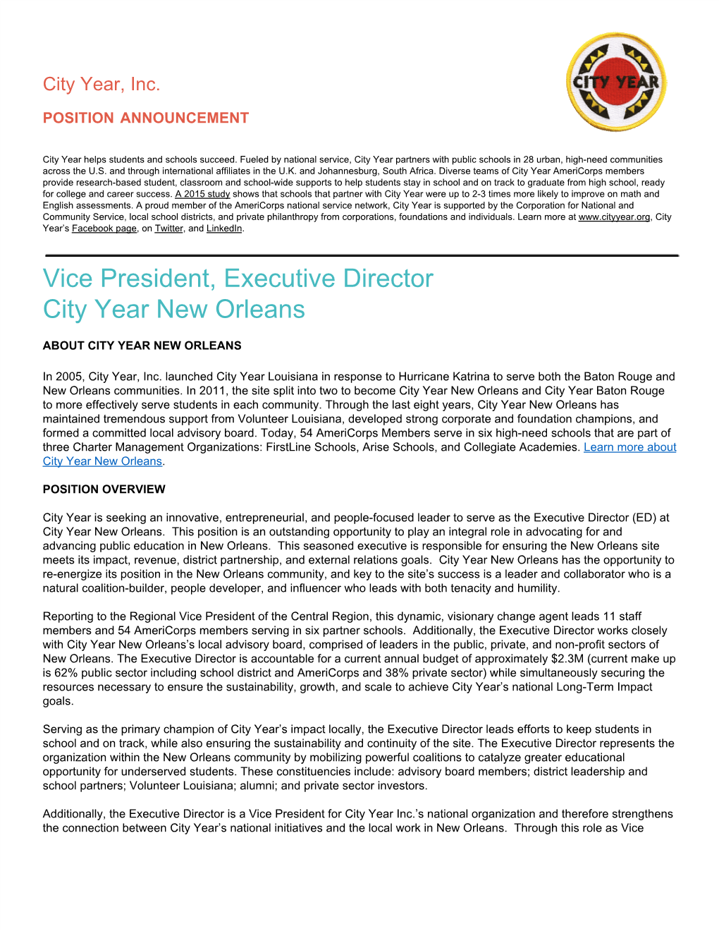 Vice President, Executive Director City Year New Orleans