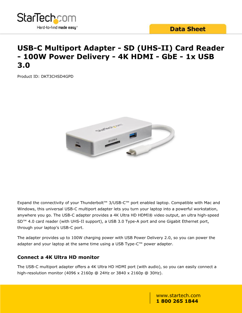 USB-C Multiport Adapter - SD (UHS-II) Card Reader - 100W Power Delivery - 4K HDMI - Gbe - 1X USB 3.0