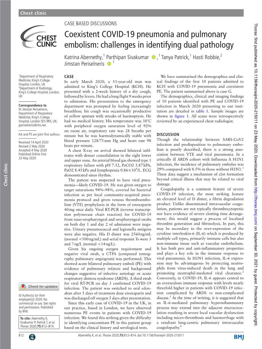 Coexistent COVID-19 Pneumonia and Pulmonary Embolism