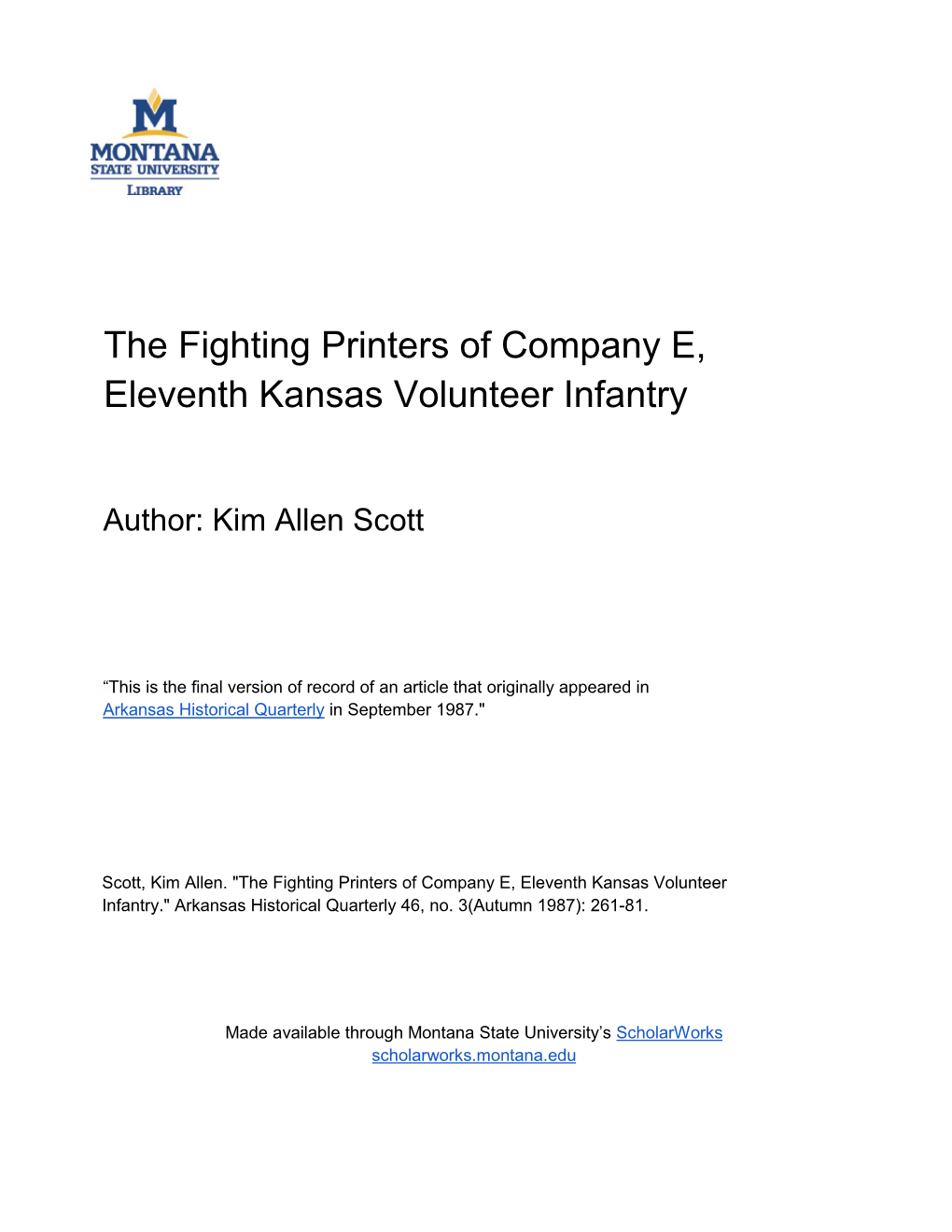 The Fighting Printers of Company E, Eleventh Kansas Volunteer Infantry