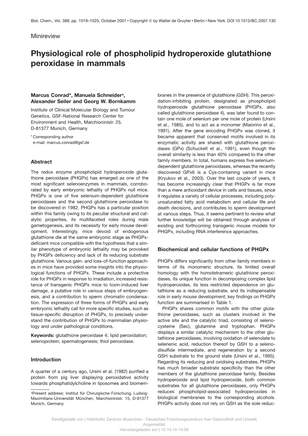 Physiological Role of Phospholipid Hydroperoxide Glutathione Peroxidase in Mammals