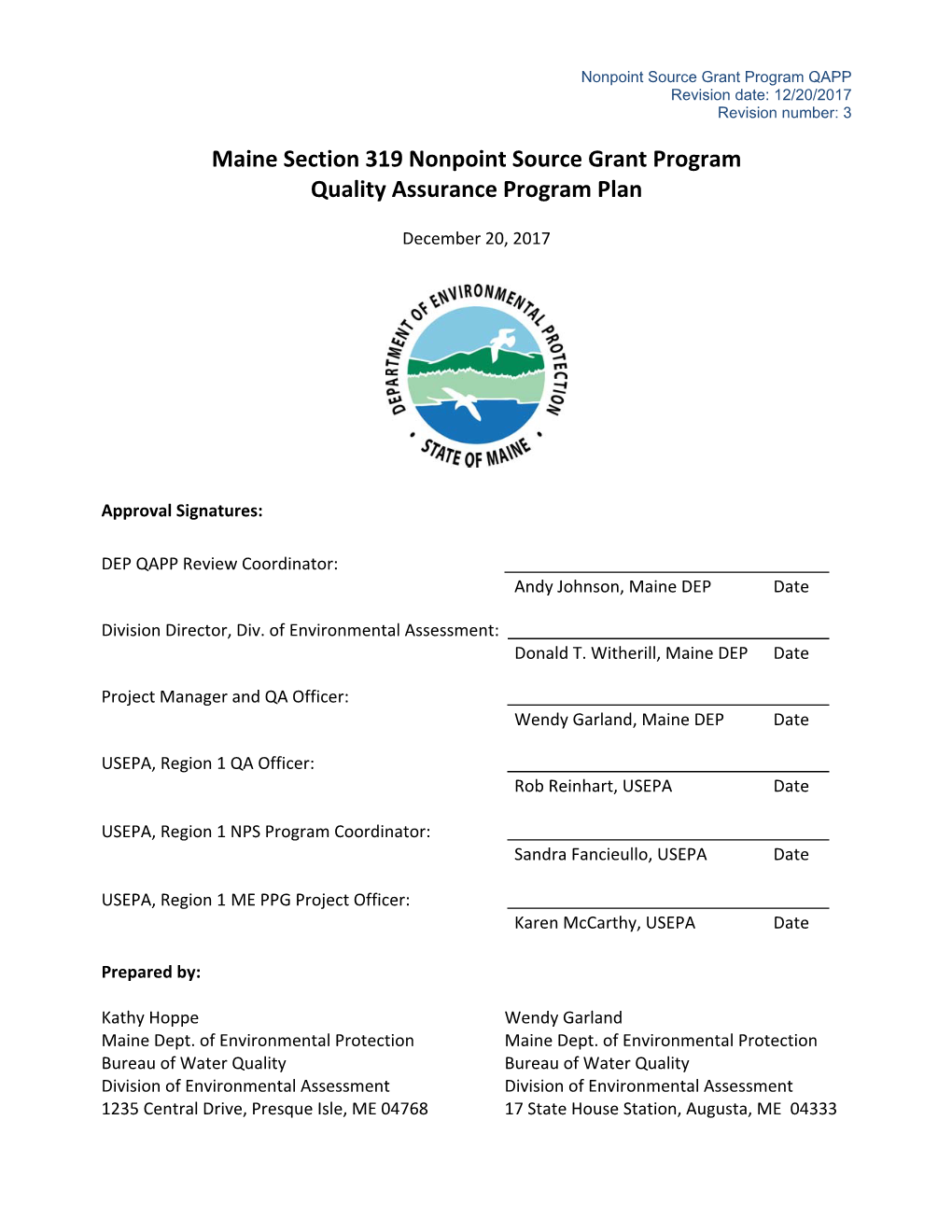 319 NPS Management Program Quality Assurance Program Plan, Maine Department of Environmental Protection (December 2017)