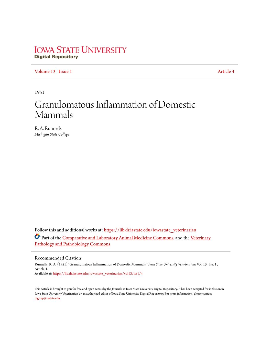 Granulomatous Inflammation of Domestic Mammals R