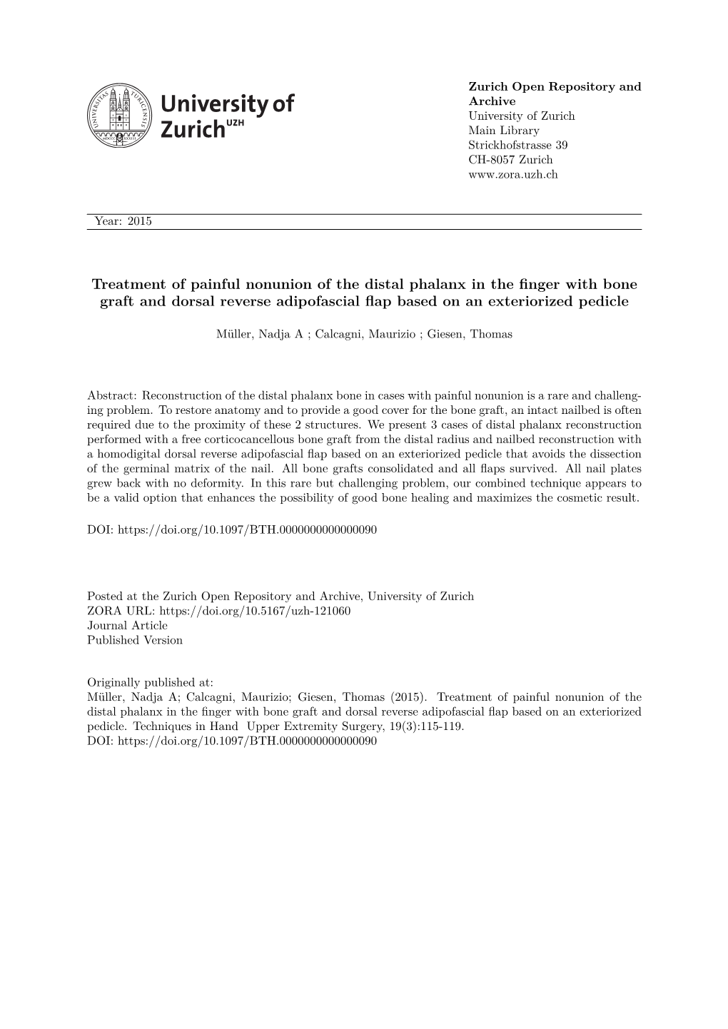 Treatment of Painful Nonunion of the Distal Phalanx in the Finger with Bone Graft and Dorsal Reverse Adipofascial Flap Based on an Exteriorized Pedicle