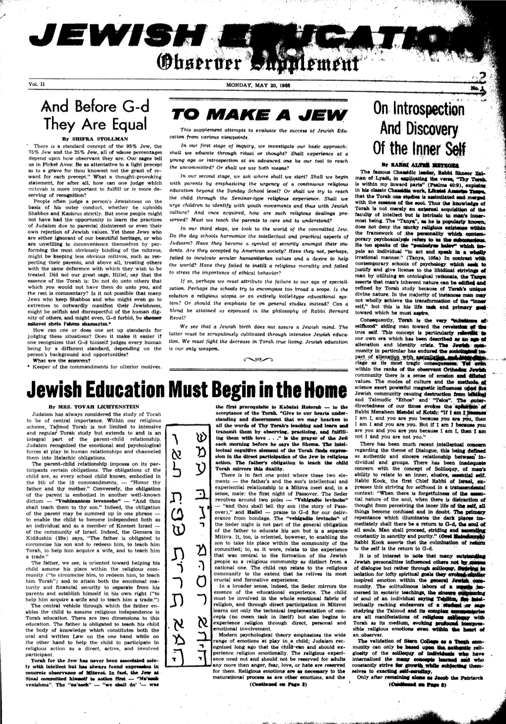 Jewish Education Must Begin in the Honie by MRS, TOVAH LIOBTENSTEIN Ille Lint --To Kabala&