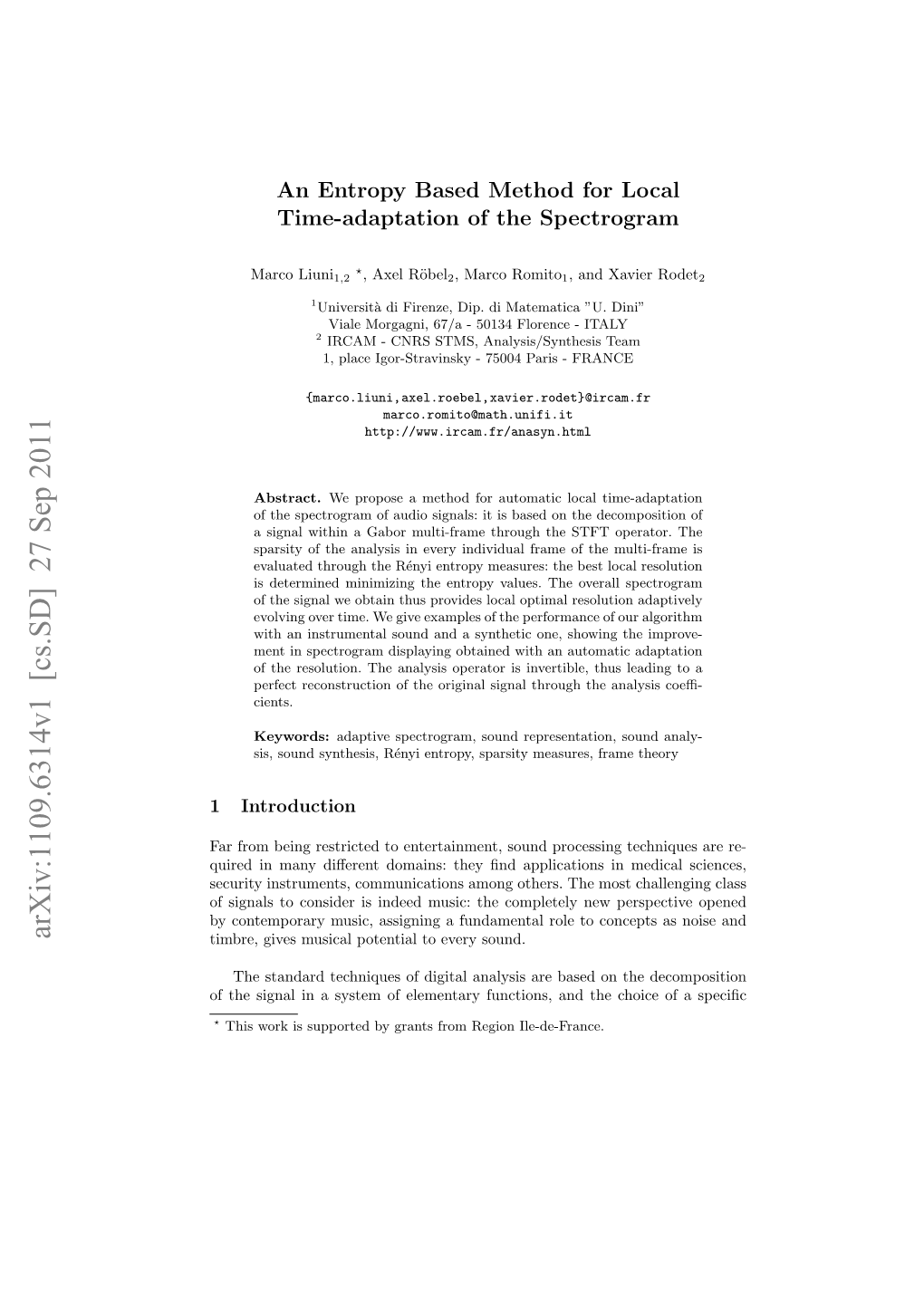 An Entropy Based Method for Local Time-Adaptation of the Spectrogram