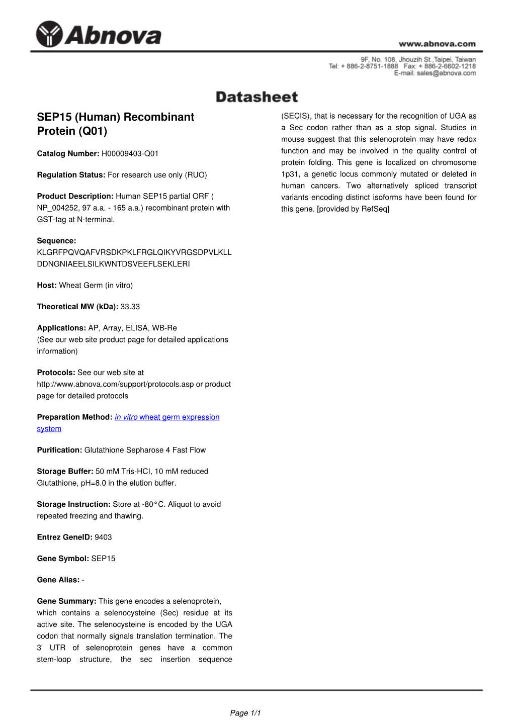 SEP15 (Human) Recombinant Protein (Q01)