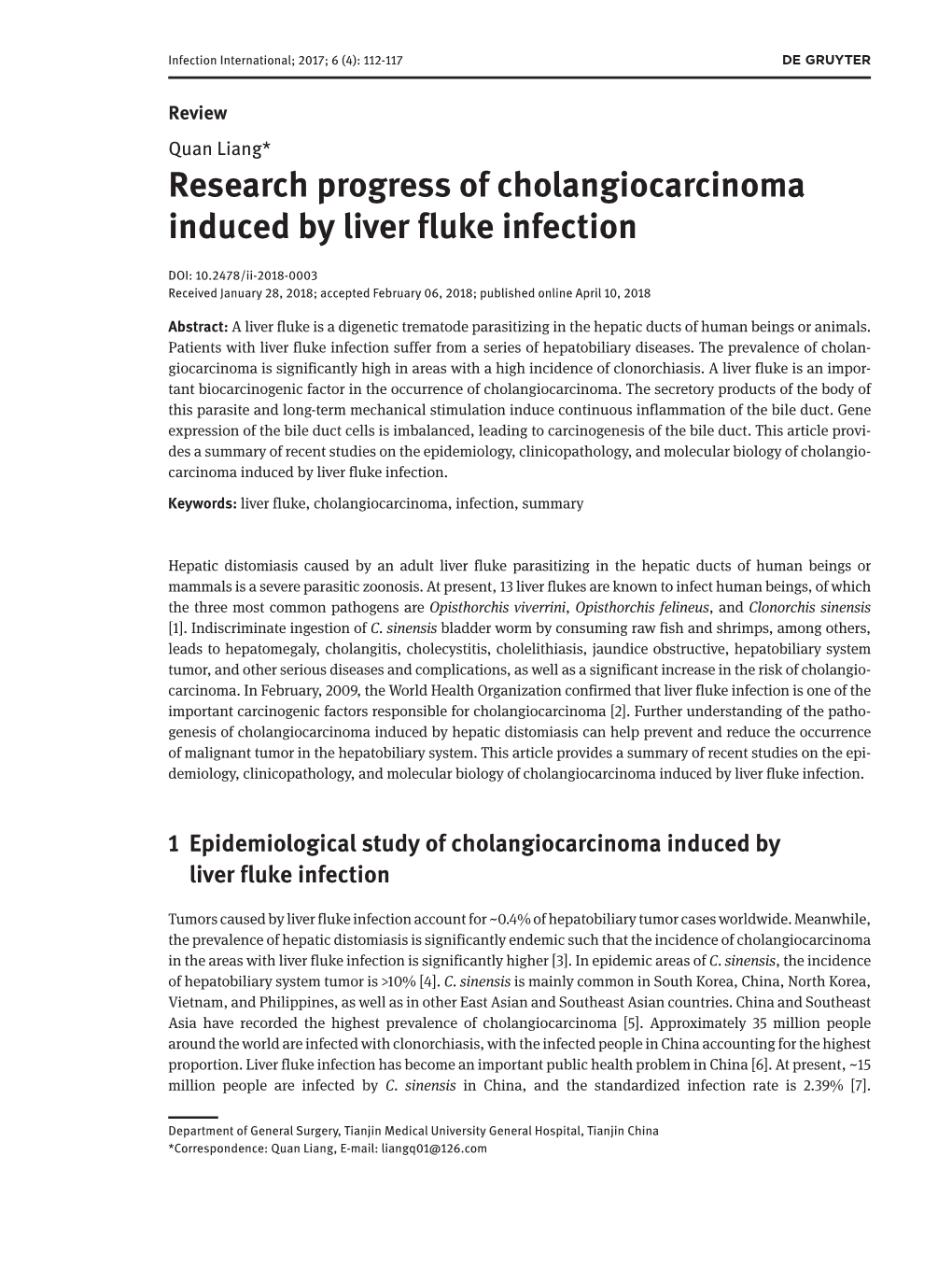 Research Progress of Cholangiocarcinoma Induced by Liver Fluke Infection