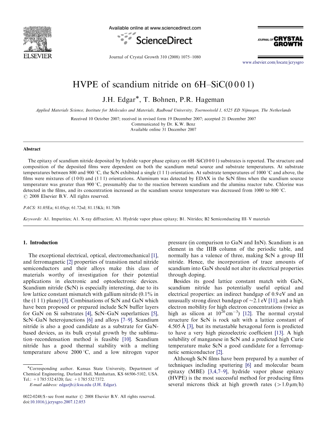 HVPE of Scandium Nitride on 6H–Sic(0 0 0 1)