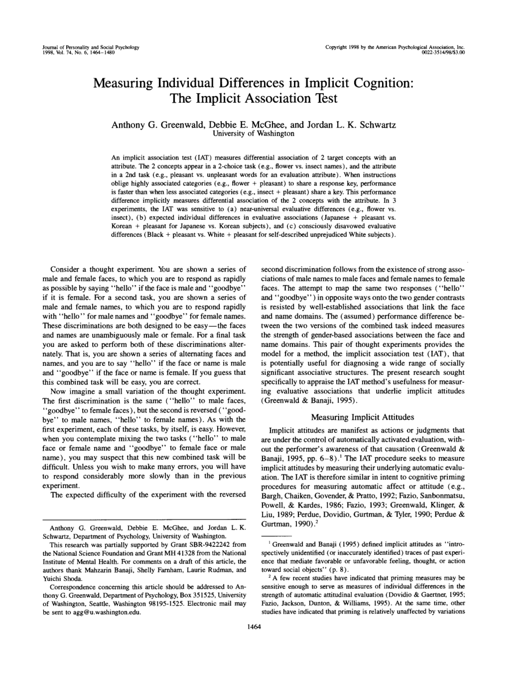 Measuring Individual Differences in Implicit Cognition: the Implicit Association Test