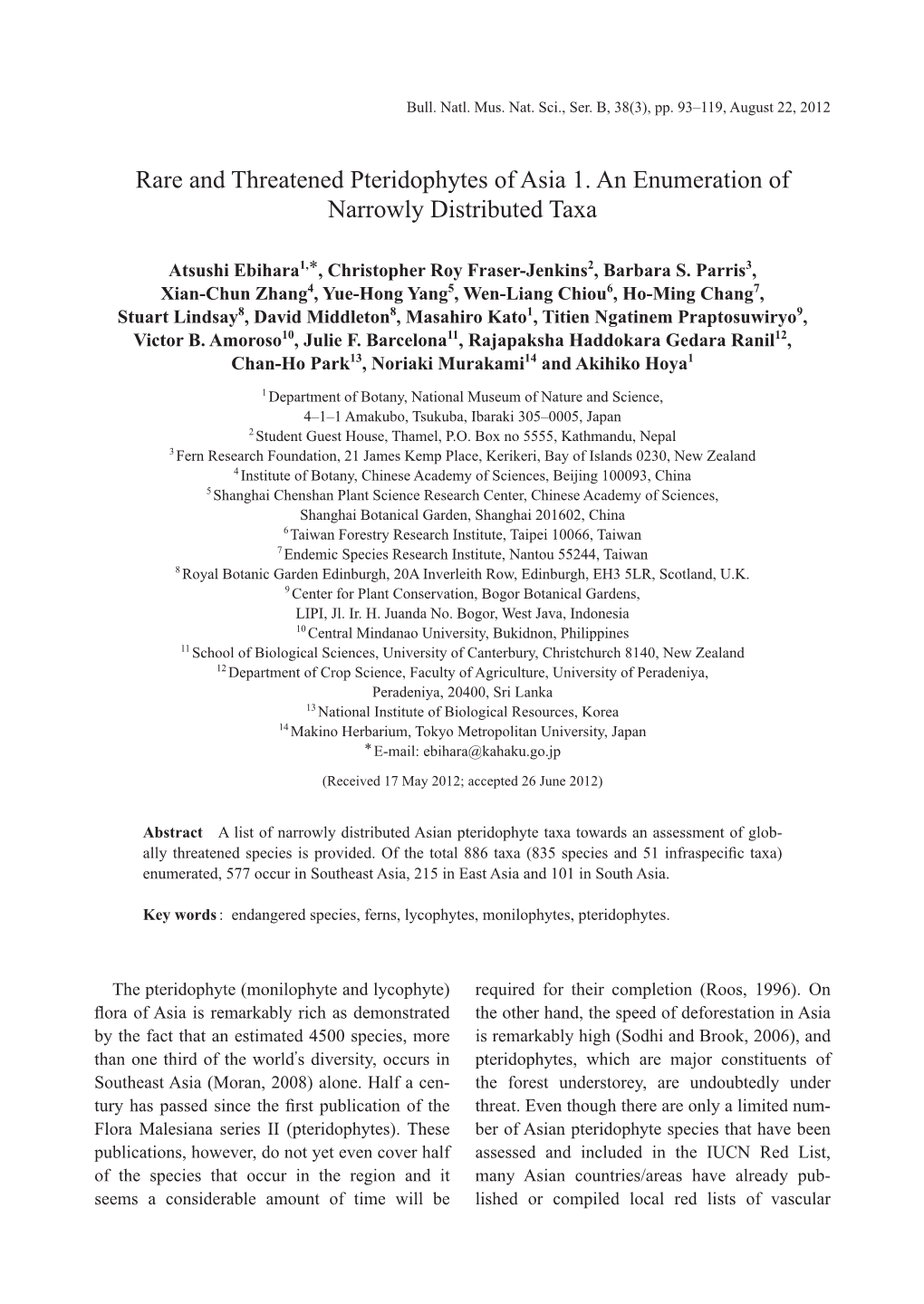 Rare and Threatened Pteridophytes of Asia 1. an Enumeration of Narrowly Distributed Taxa