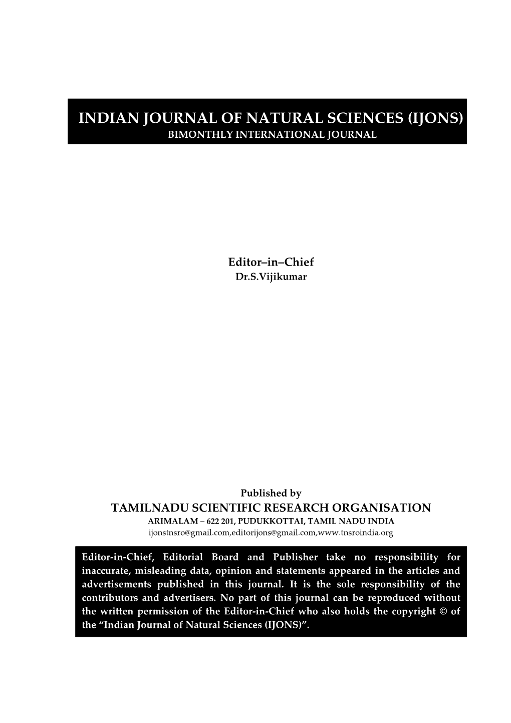 Indian Journal of Natural Sciences (Ijons) Bimonthly International Journal