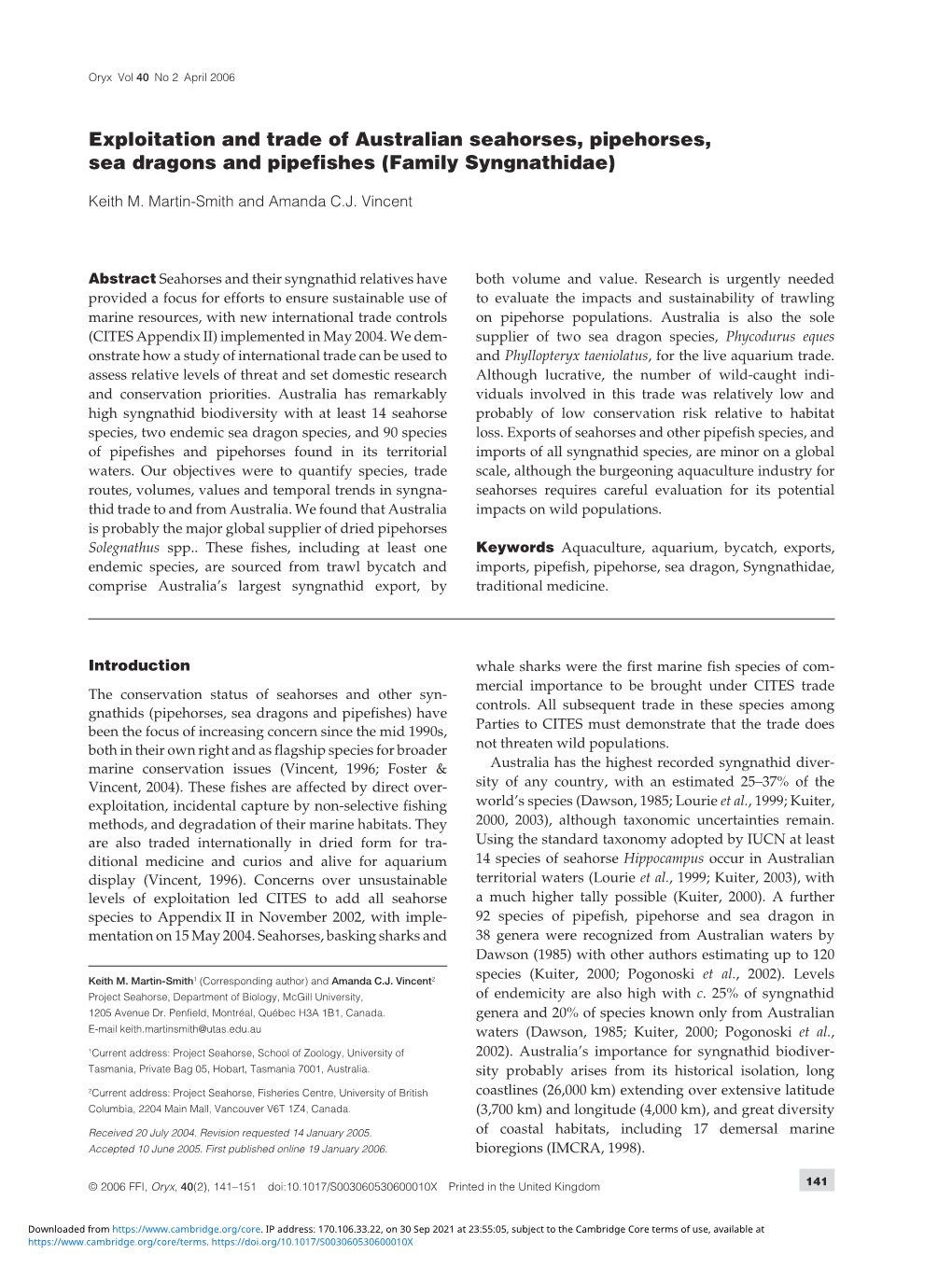 Exploitation and Trade of Australian Seahorses, Pipehorses, Sea Dragons and Pipefishes (Family Syngnathidae)