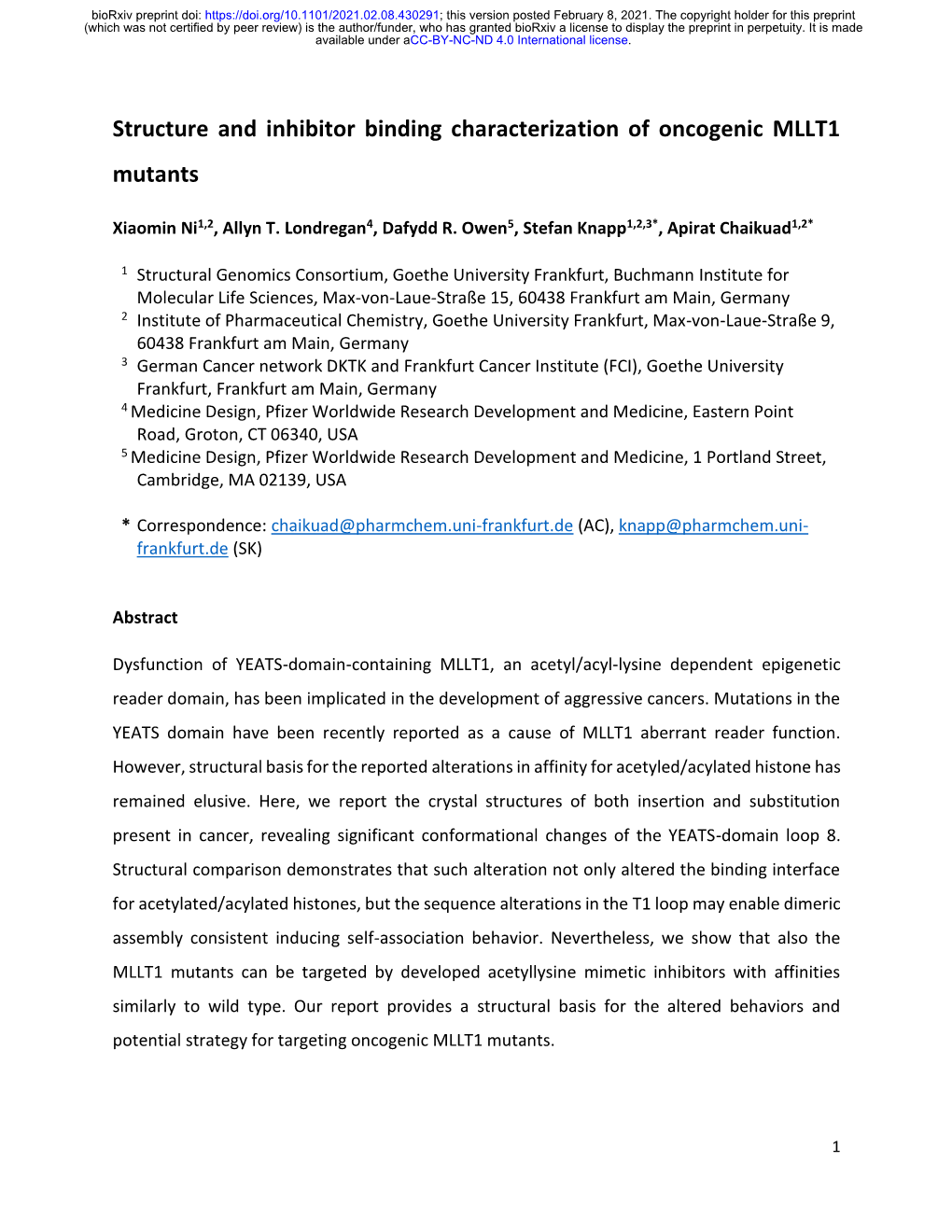 Structure and Inhibitor Binding Characterization of Oncogenic MLLT1 Mutants